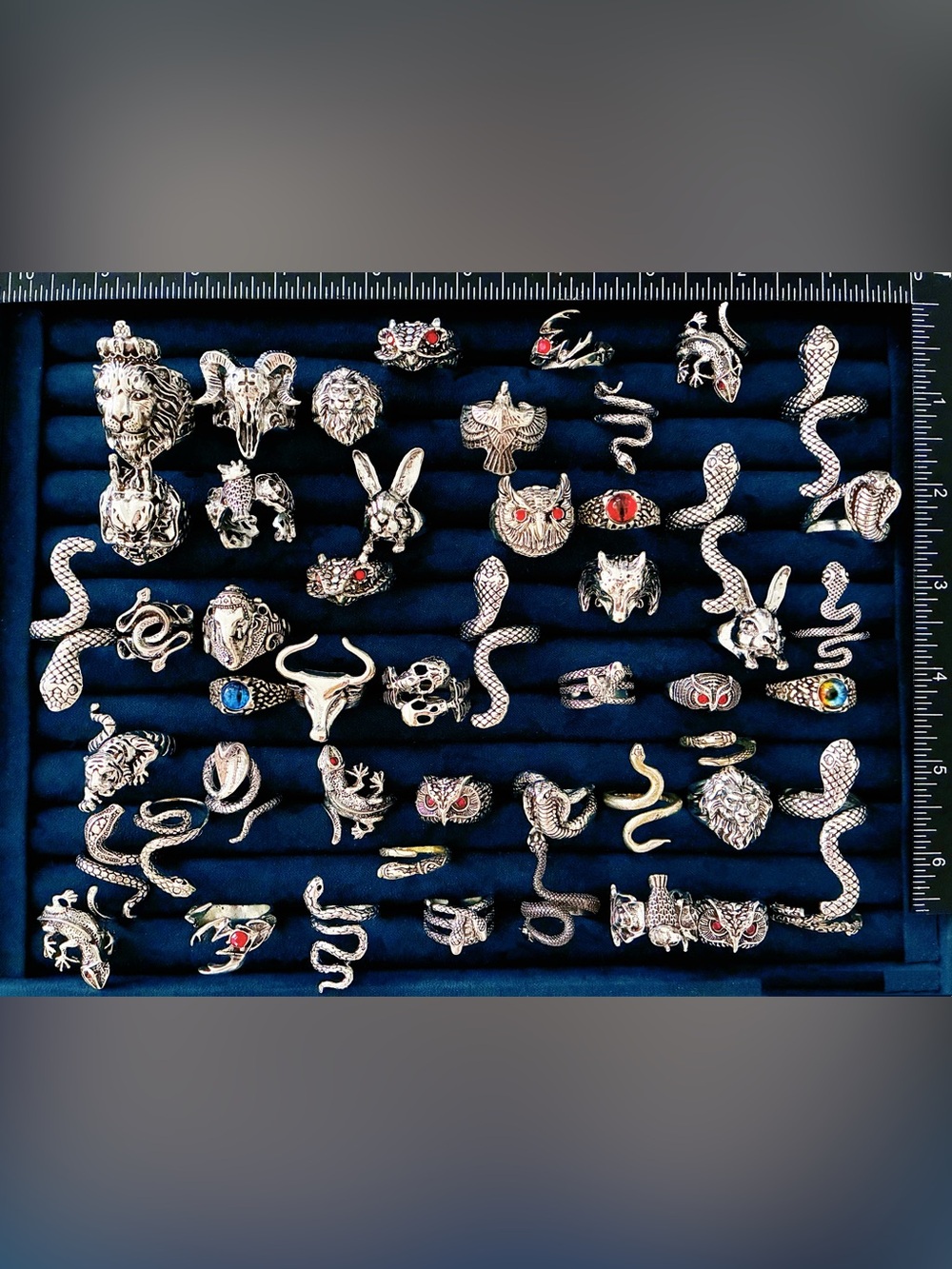 50 Pc Adjustable Silver Tone Animal Rings Lot Snake Cobra Lizard Owl Biker